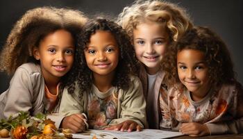 ai generado sonriente niños disfrutando arte, unión en un vistoso salón de clases generado por ai foto