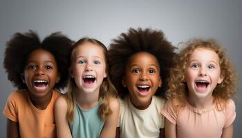 ai generado un grupo de alegre niños jugando, sonriente, y mirando a cámara generado por ai foto