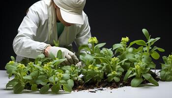 ai generado uno persona plantando un planta de semillero, nutriendo crecimiento en naturaleza generado por ai foto