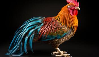 ai generado un majestuoso gallo soportes orgulloso, sus vibrante plumas cautivador generado por ai foto