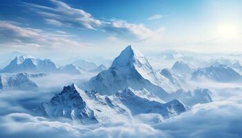 ai generado majestuoso montaña cima, nieve cubierto paisaje, tranquilo invierno aventuras generado por ai foto