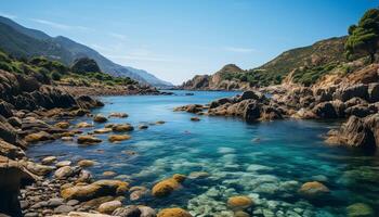 ai generado tranquilo línea costera, claro cielo, reflejando montañas, naturaleza sereno belleza generado por ai foto