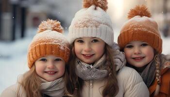 ai generado sonriente niño, alegre niña jugando en invierno, abrazando hermana generado por ai foto