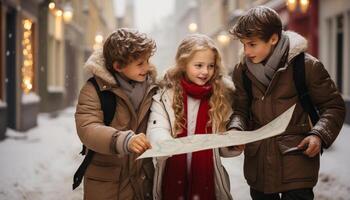 AI generated A group of smiling children enjoying winter outdoors together generated by AI photo