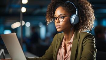 AI generated Young African American woman working in office, listening with headphones generated by AI photo