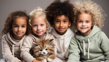 AI generated Cute children smiling, playing with pets, embracing love and joy generated by AI photo