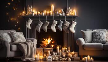 AI generated Cozy living room, illuminated by candlelight, celebrates winter season generated by AI photo