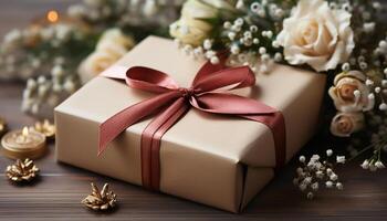 AI generated Homemade gift box wrapped in rustic wrapping paper on table generated by AI photo