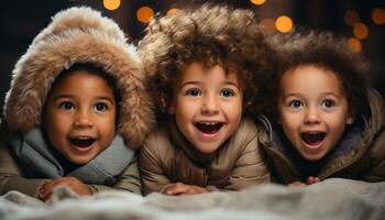 ai generado sonriente niños jugando, alegre y lindo, mirando a cámara generado por ai foto