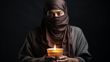 AI generated One woman meditating, holding candle, looking serene in black generated by AI photo