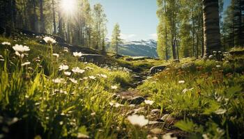 AI generated Tranquil meadow, green mountains, wildflowers bloom, nature beauty unfolds generated by AI photo