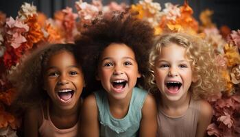 ai generado sonriente muchachas jugando, alegre Niños reír, disfrutando otoño naturaleza generado por ai foto