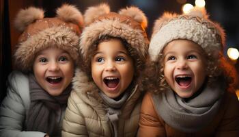 ai generado sonriente linda niños jugando, celebrando invierno, alegre, alegre, y divertido generado por ai foto