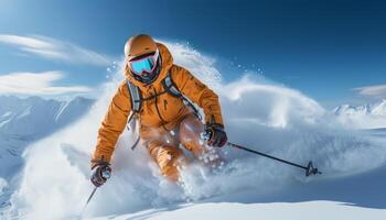 ai generado hombres esquiar en un Nevado montaña pendiente, disfrutando al aire libre aventuras generado por ai foto