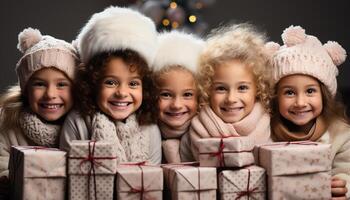 ai generado sonriente niños participación envuelto regalos, celebrando Navidad con alegría generado por ai foto