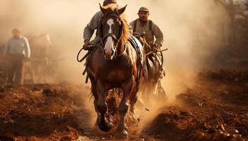 ai generado hombres en lado de caballo carreras mediante el polvoriento rancho, lleno velocidad generado por ai foto
