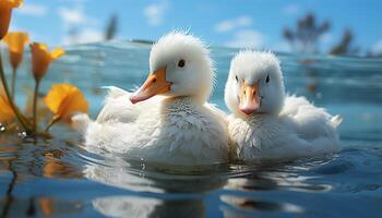 AI generated Cute duckling quacking, looking at reflection in pond water generated by AI photo