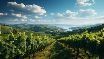 AI generated Idyllic vineyard landscape, green meadows, and yellow autumn foliage generated by AI photo