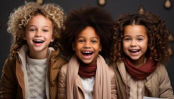 ai generado sonriente niño, alegre chicas, linda Niños, alegre amistad, juguetón niños generado por ai foto