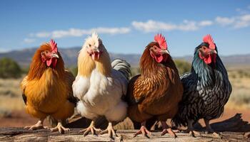 ai generado majestuoso gallo en pie en un vibrante, gratis rango pollo cooperativa generado por ai foto