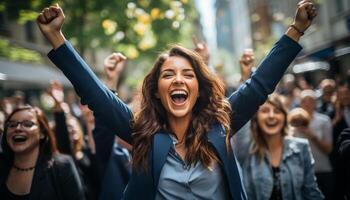 AI generated A group of young adults cheerfully celebrate their success outdoors generated by AI photo