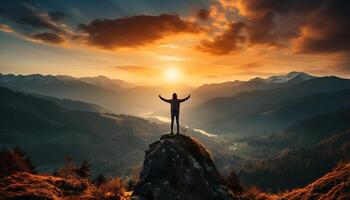 AI generated One person standing on top of majestic mountain peak, arms raised in success generated by AI photo