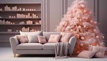 AI generated Cozy living room with modern decoration, illuminated Christmas tree generated by AI photo