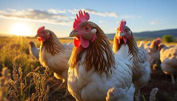 AI generated Majestic rooster standing, grazing on green meadow at sunrise generated by AI photo