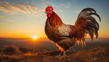 AI generated Majestic rooster stands in the sunset, free range on farm generated by AI photo