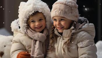 AI generated Smiling child embraces sister, playing in cheerful winter snow generated by AI photo