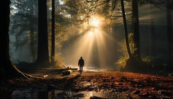 AI generated One person walking in the autumn forest, surrounded by mystery generated by AI photo