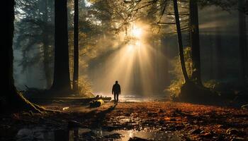 ai generado uno persona caminando en el otoño bosque, rodeado por misterio generado por ai foto