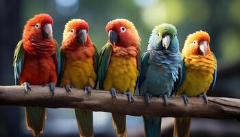 AI generated Cute macaw perching on branch, vibrant colors in nature generated by AI photo