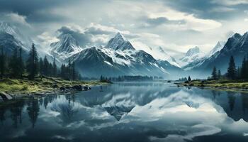 AI generated Majestic mountain peak reflects in tranquil water, nature beauty generated by AI photo