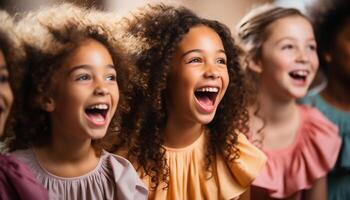 ai generado grupo de niños jugando al aire libre, sonriente y teniendo divertido generado por ai foto