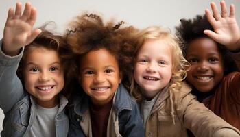 ai generado grupo de niños sonriente, jugando, y mirando a cámara felizmente generado por ai foto