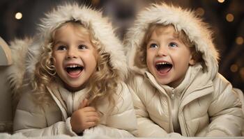 ai generado sonriente niños jugando al aire libre, disfrutando invierno divertido y familia unión generado por ai foto