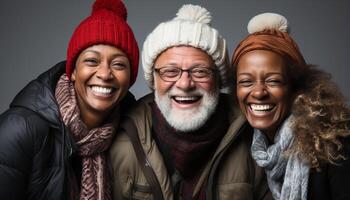 ai generado sonriente hombres y mujer, felicidad en invierno, mirando a cámara generado por ai foto