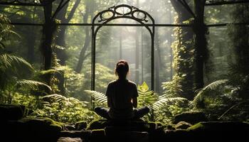 AI generated One person meditating in tranquil forest, finding spirituality and balance generated by AI photo