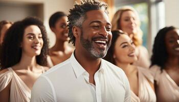 ai generado un grande grupo de alegre adultos sonriente en unión generado por ai foto