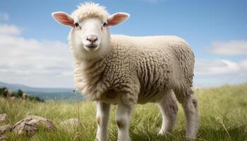 ai generado linda Cordero pasto en verde prado, rodeado por mullido oveja generado por ai foto