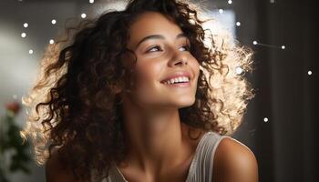 AI generated Young woman with curly hair smiling, looking away with confidence generated by AI photo