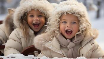 ai generado sonriente niño jugando en el nieve, disfrutando invierno belleza generado por ai foto