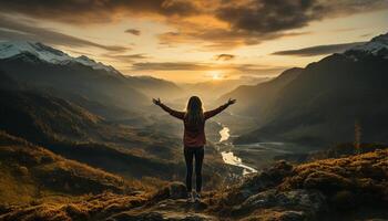 AI generated One woman standing on mountain peak, arms raised in success generated by AI photo