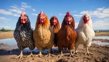 AI generated A majestic rooster stands in a green meadow, surrounded by chickens generated by AI photo