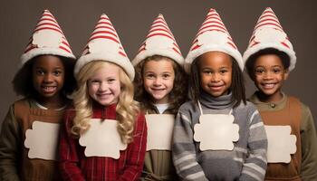 ai generado sonriente niños en un fila, celebrando invierno con regalos generado por ai foto