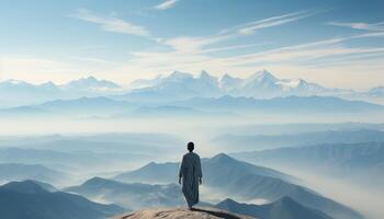 AI generated Businessman standing on mountain peak, conquering adversity, achieving success generated by AI photo