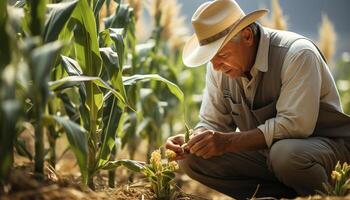 AI generated One mature man working outdoors, examining growth on farm generated by AI photo