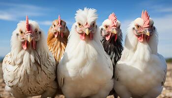 ai generado linda joven pollos en pie en prado, gratis rango aves de corral industria generado por ai foto