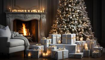 AI generated Cozy living room, glowing Christmas tree, family celebration, elegant decorations generated by AI photo